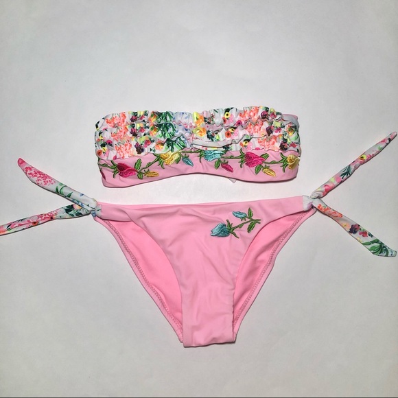 HELLO BIKINI GIRLS 8 TWO PIECE PINK MULTI COLOR FLORAL EMBROIDERED PATTERN SWIM - Picture 2 of 5